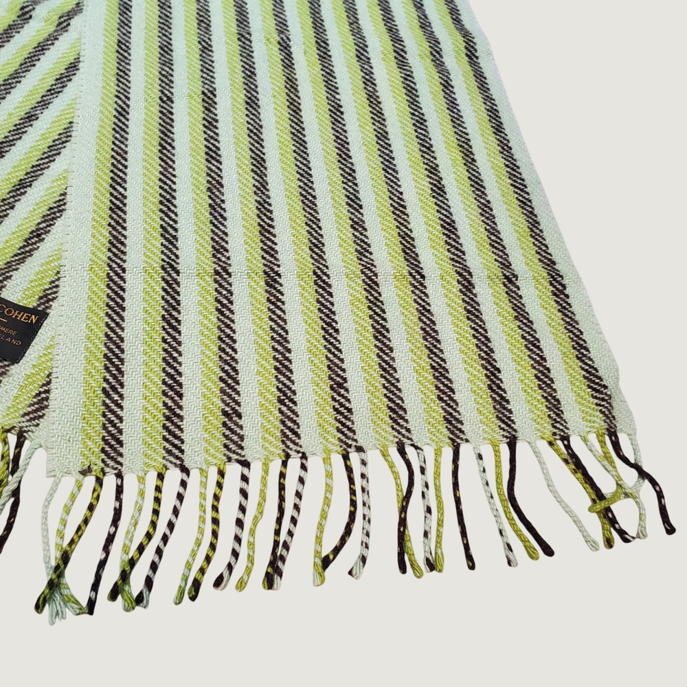 MEG COHEN 100% Cashmere Scarf Made In England Striped Fringe Luxury Green Mint - Picture 2 of 5